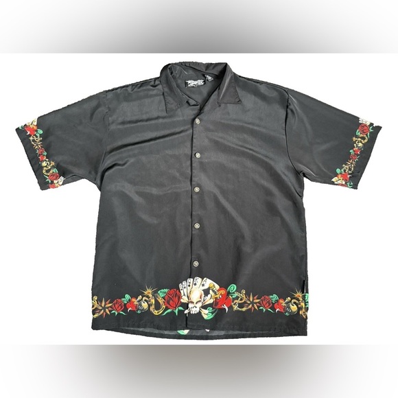 Dragonfly Road House Button Up Black Shirt Mens XXL Cards Poker Skulls Roses - Picture 1 of 9